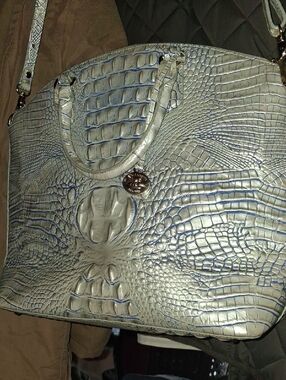 Croc-Embossed Metallic Silver Tote Bag